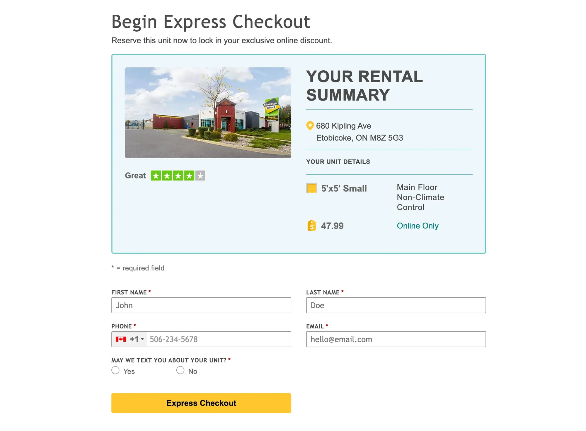 StorageMart checkout form