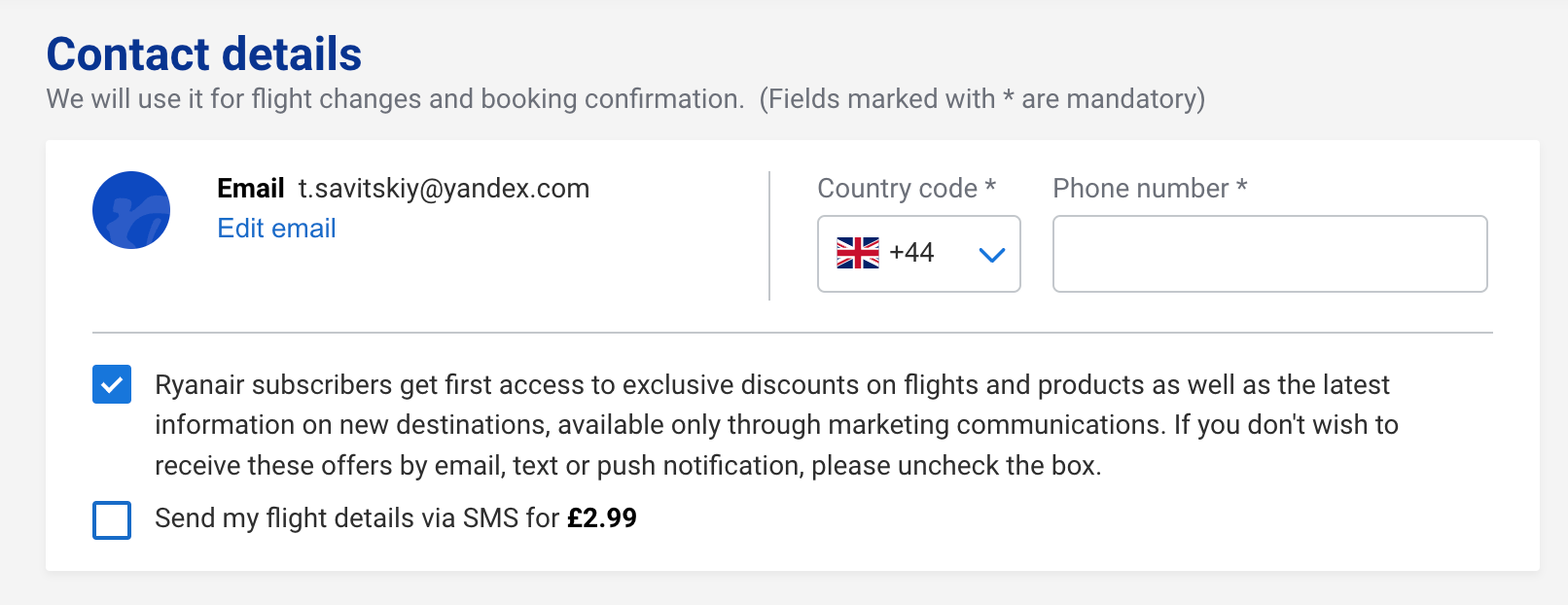 Ryanair Contact Details Form