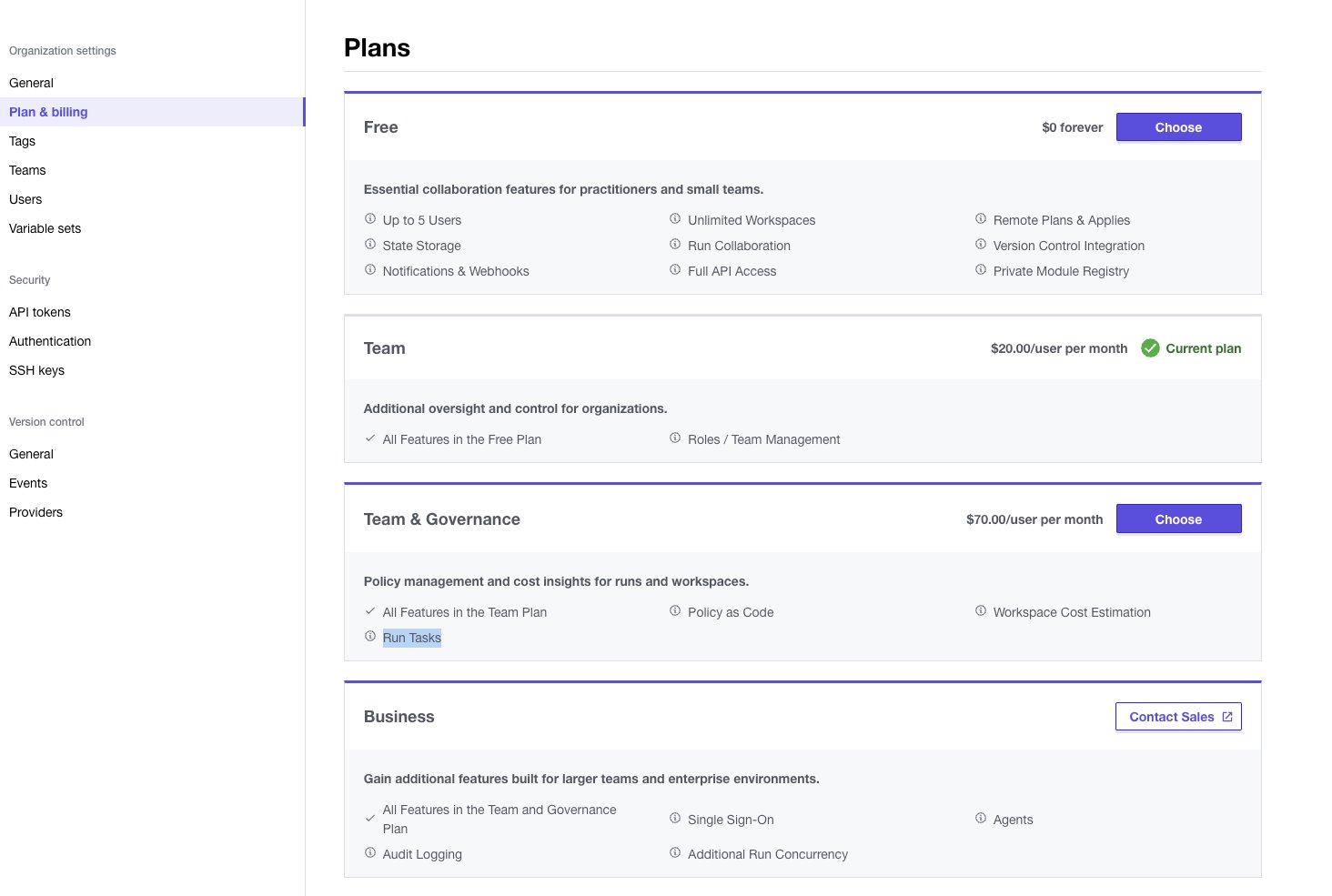 HasiCorp plans & billing page