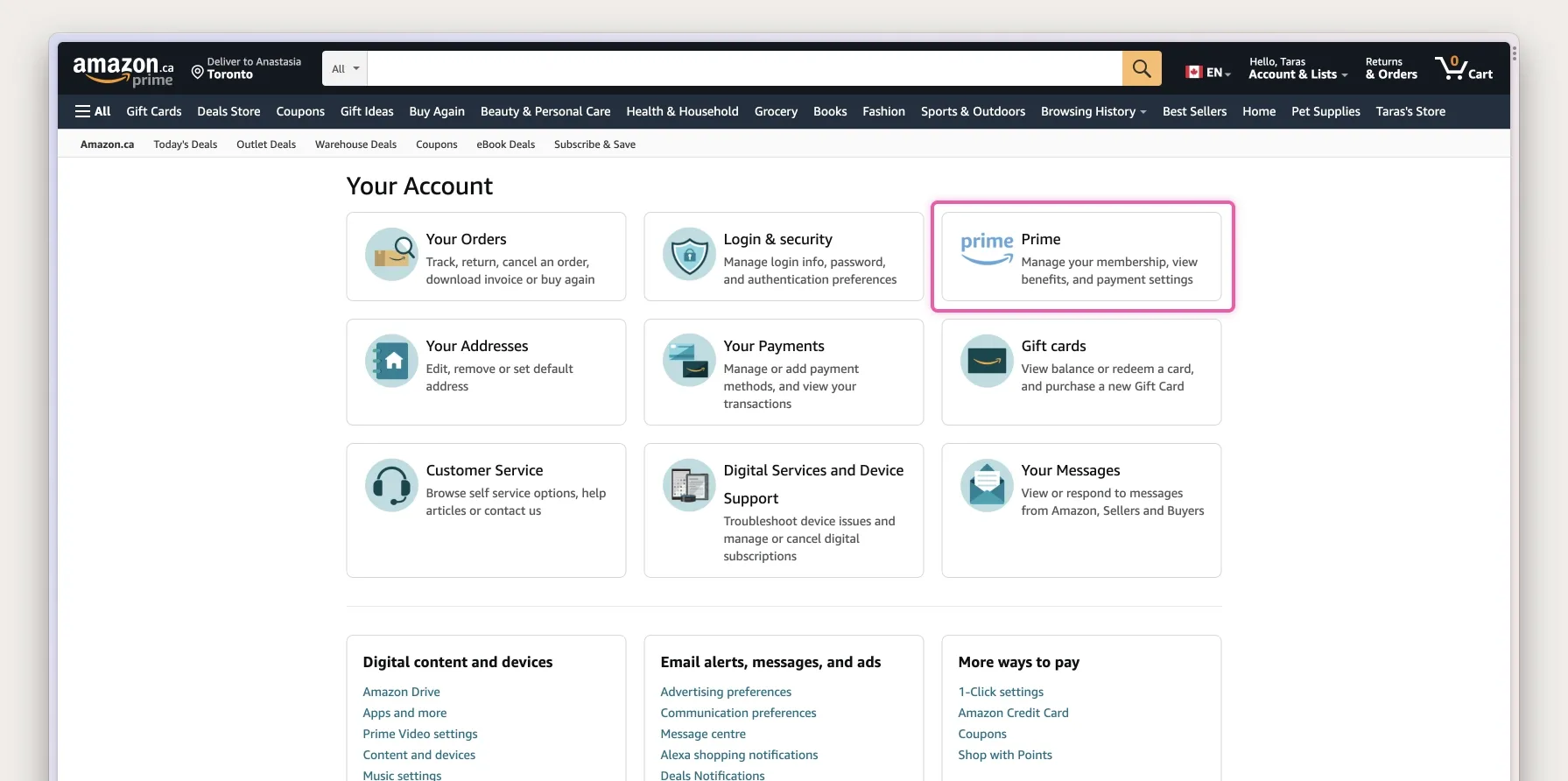 Amazon account page