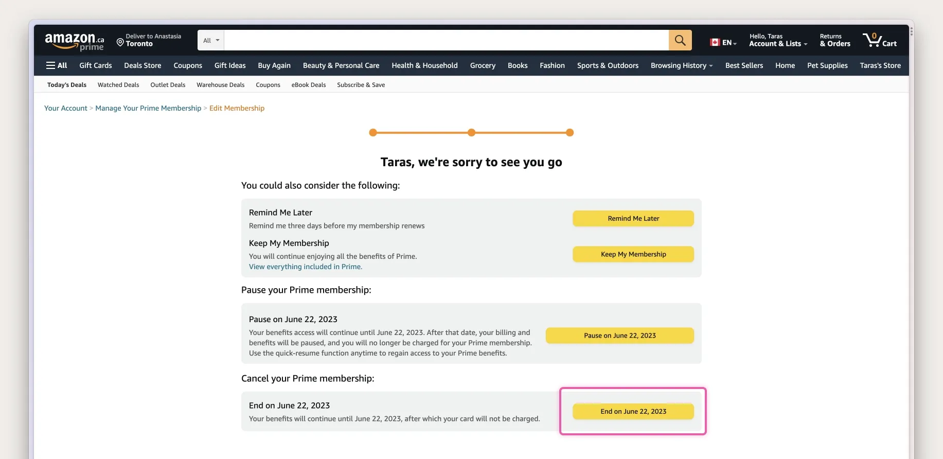Last page of the cancellation process on Amazon.com