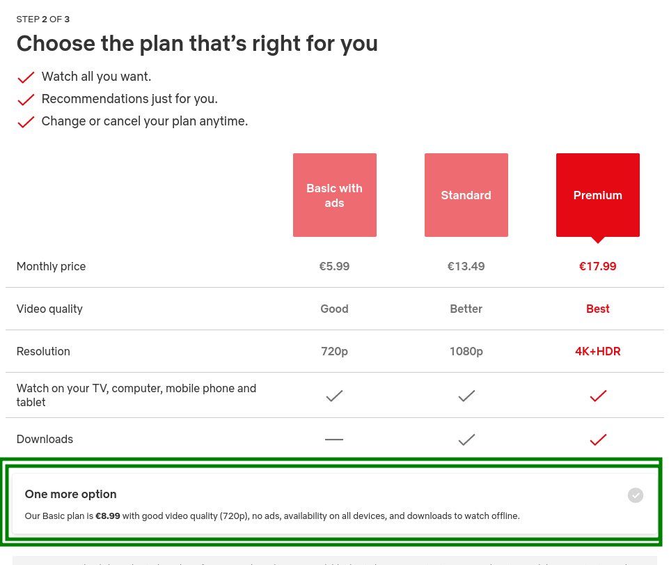 Netflix plan page with dark pattern