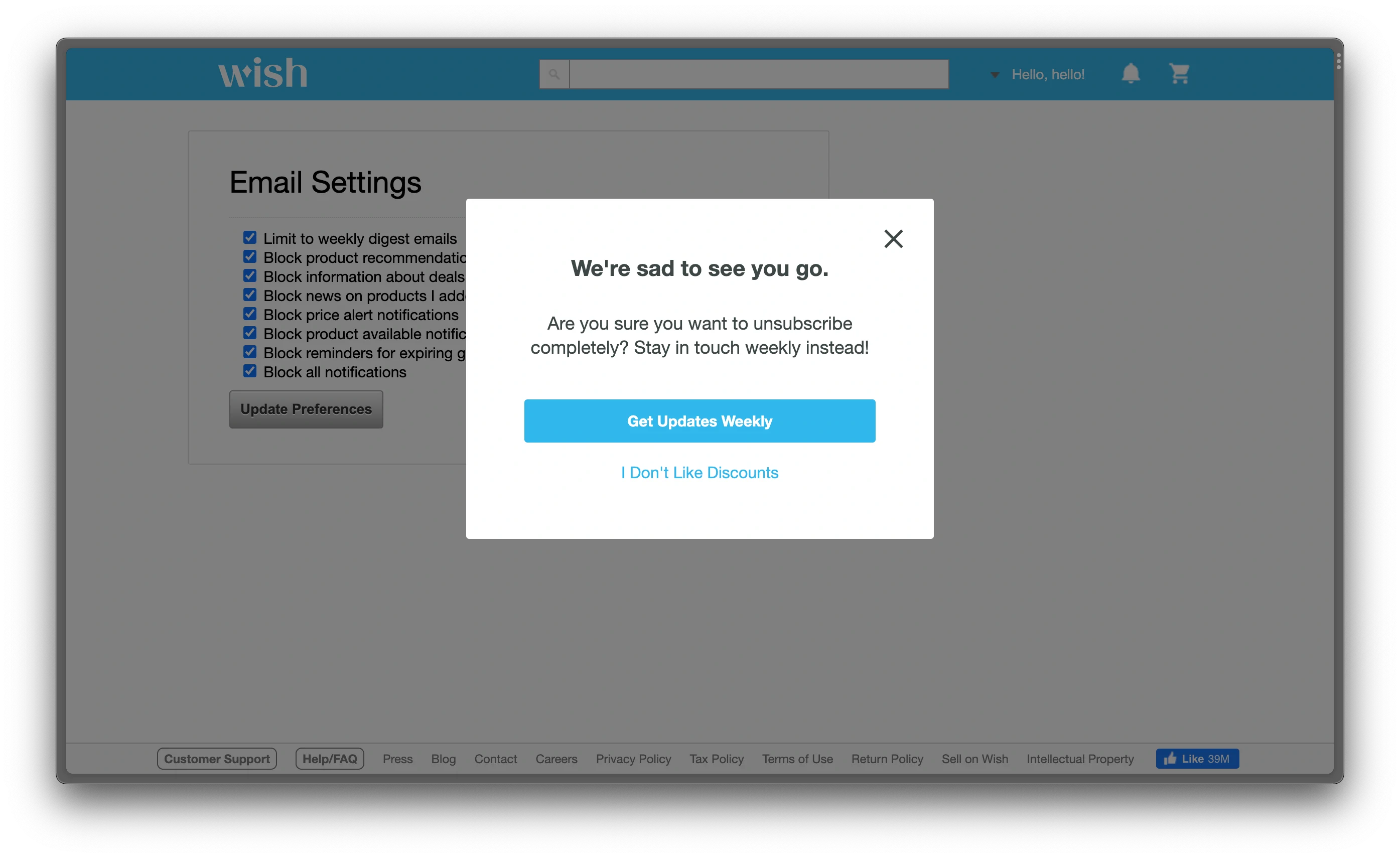 We're sad to see you go modal with a dark pattern