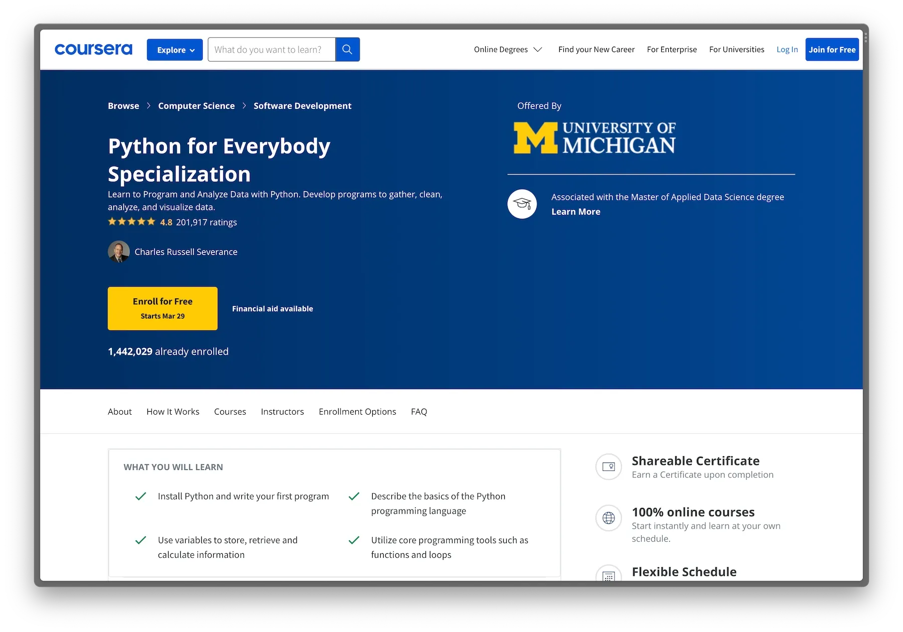 Coursera "Enroll for Free" course page
