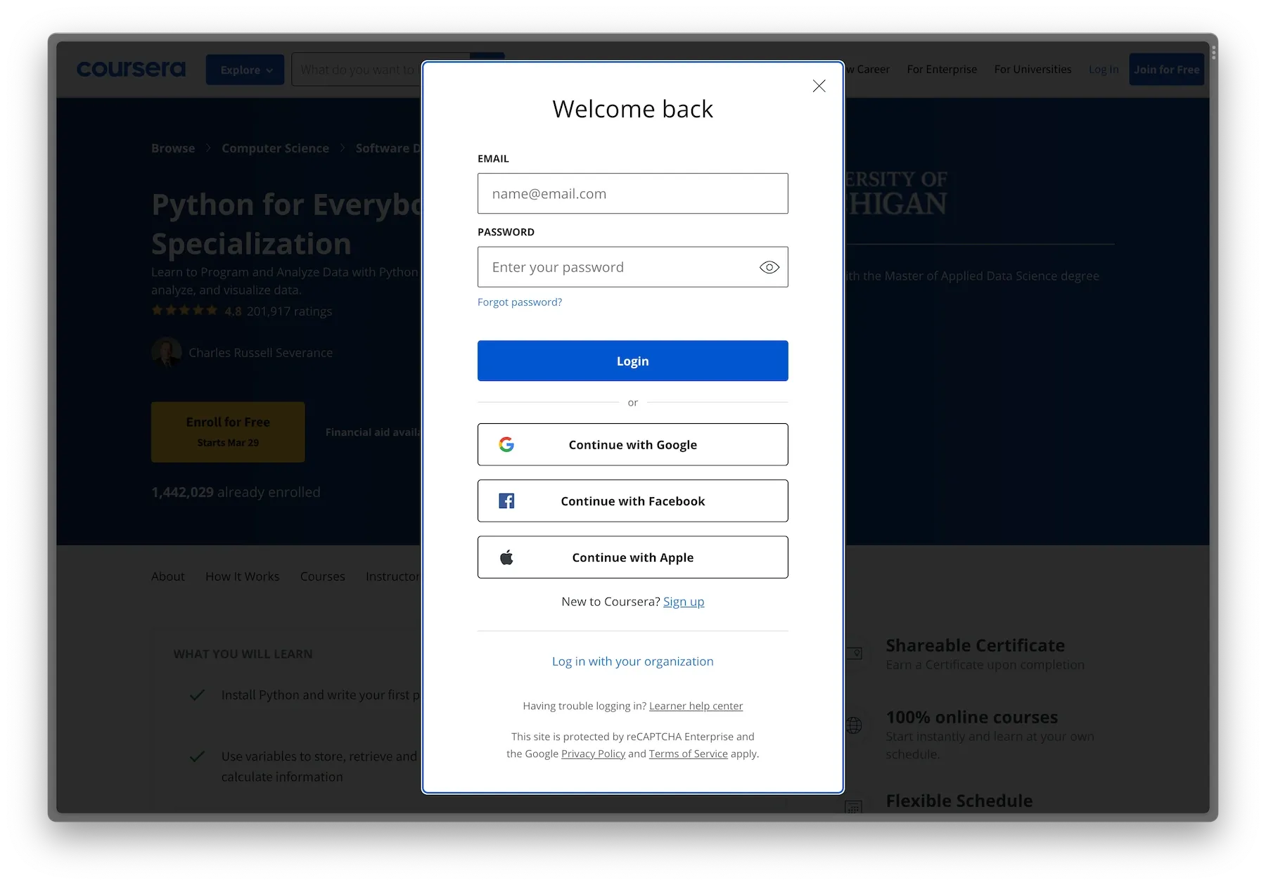 Coursera login/signup page
