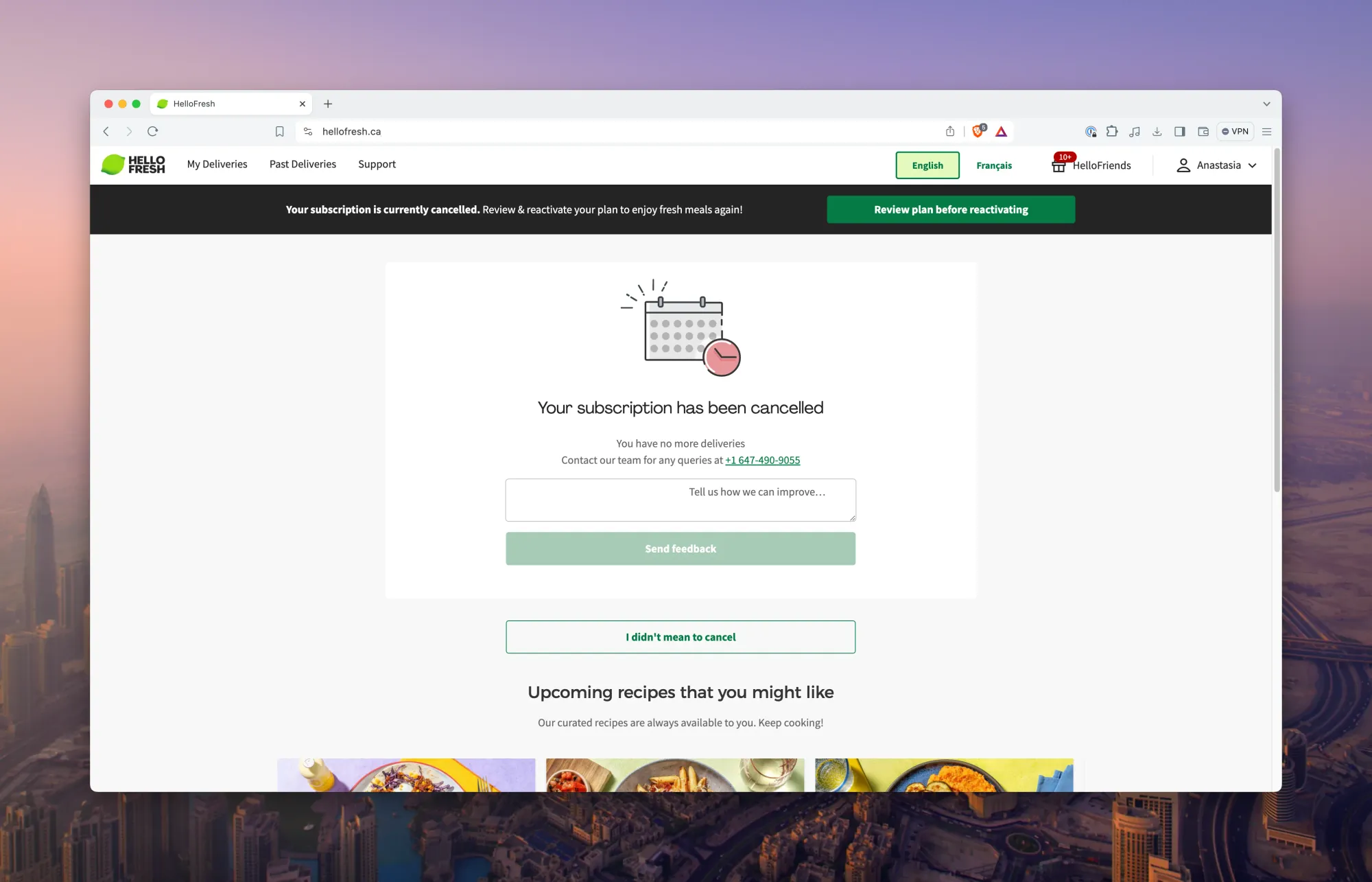 HelloFresh subscription cancelled