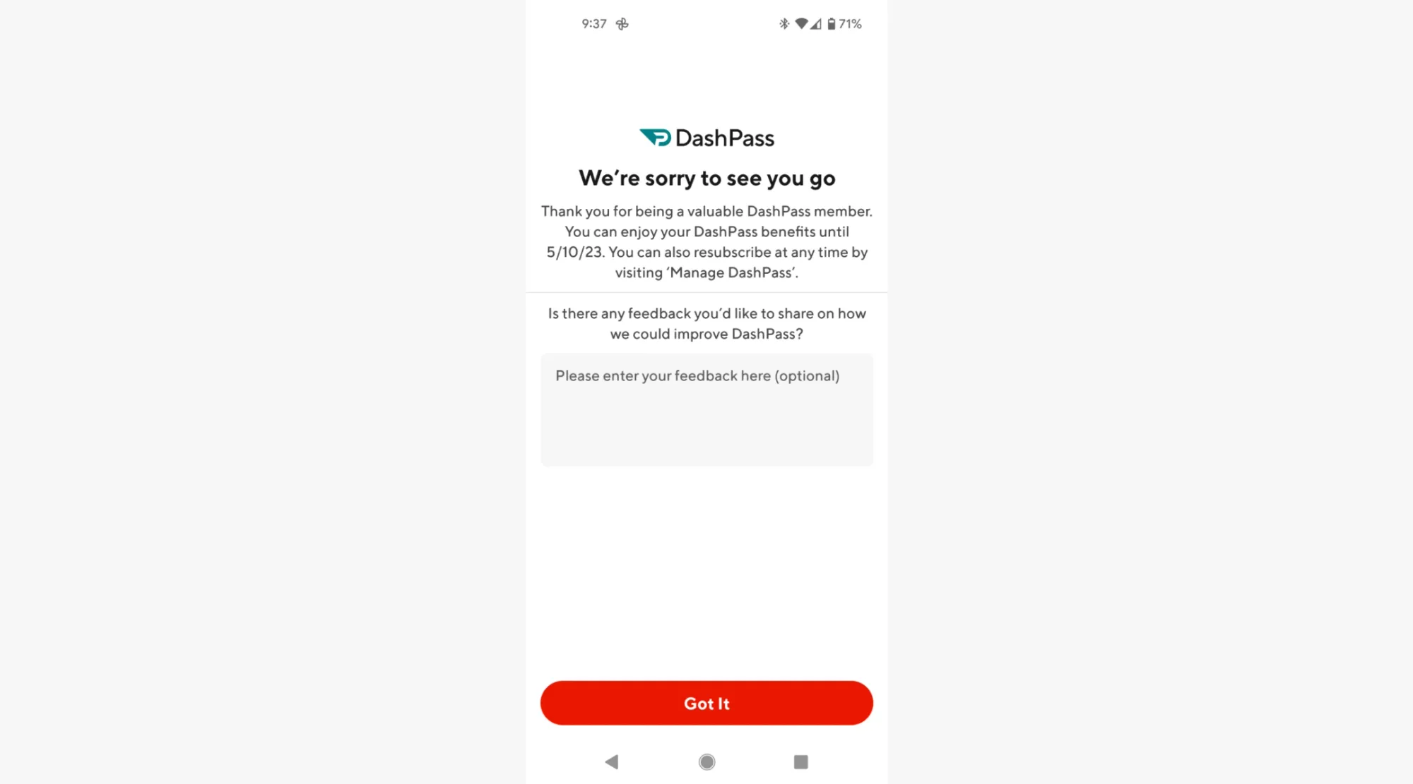 DashPass: "We sorry to see you go"