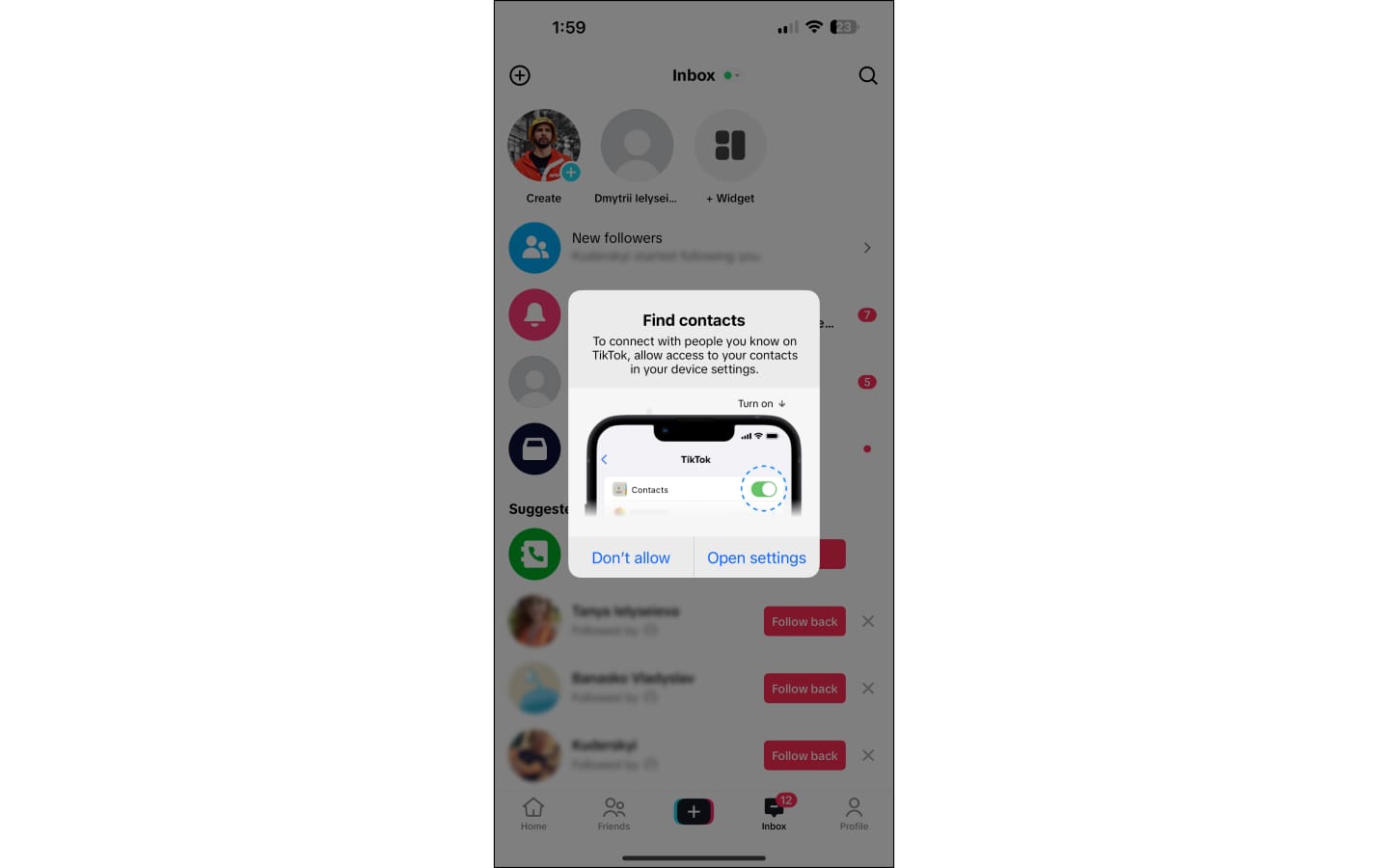 TikTok contact access screen