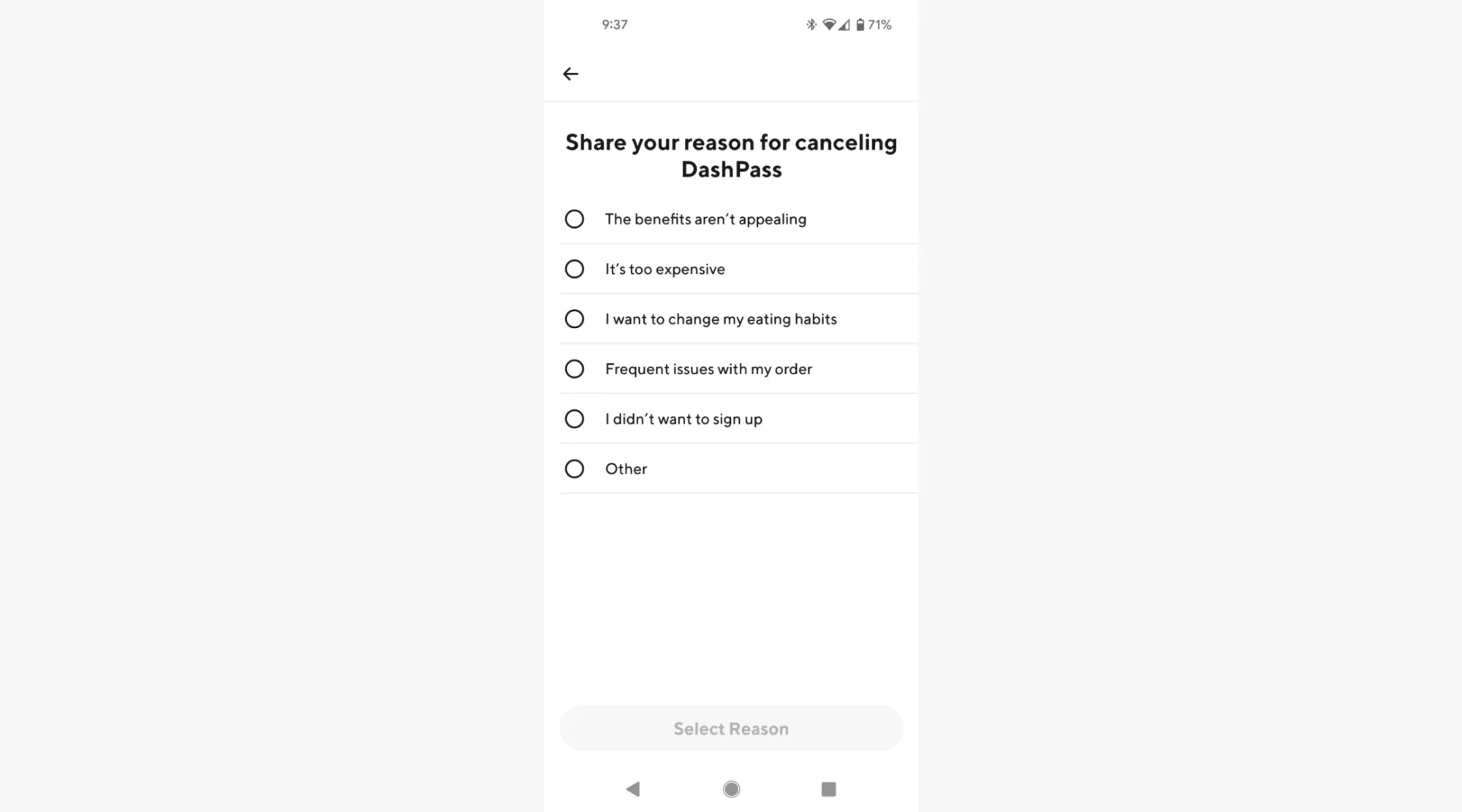 Questionnaire while cancelling DashPass 