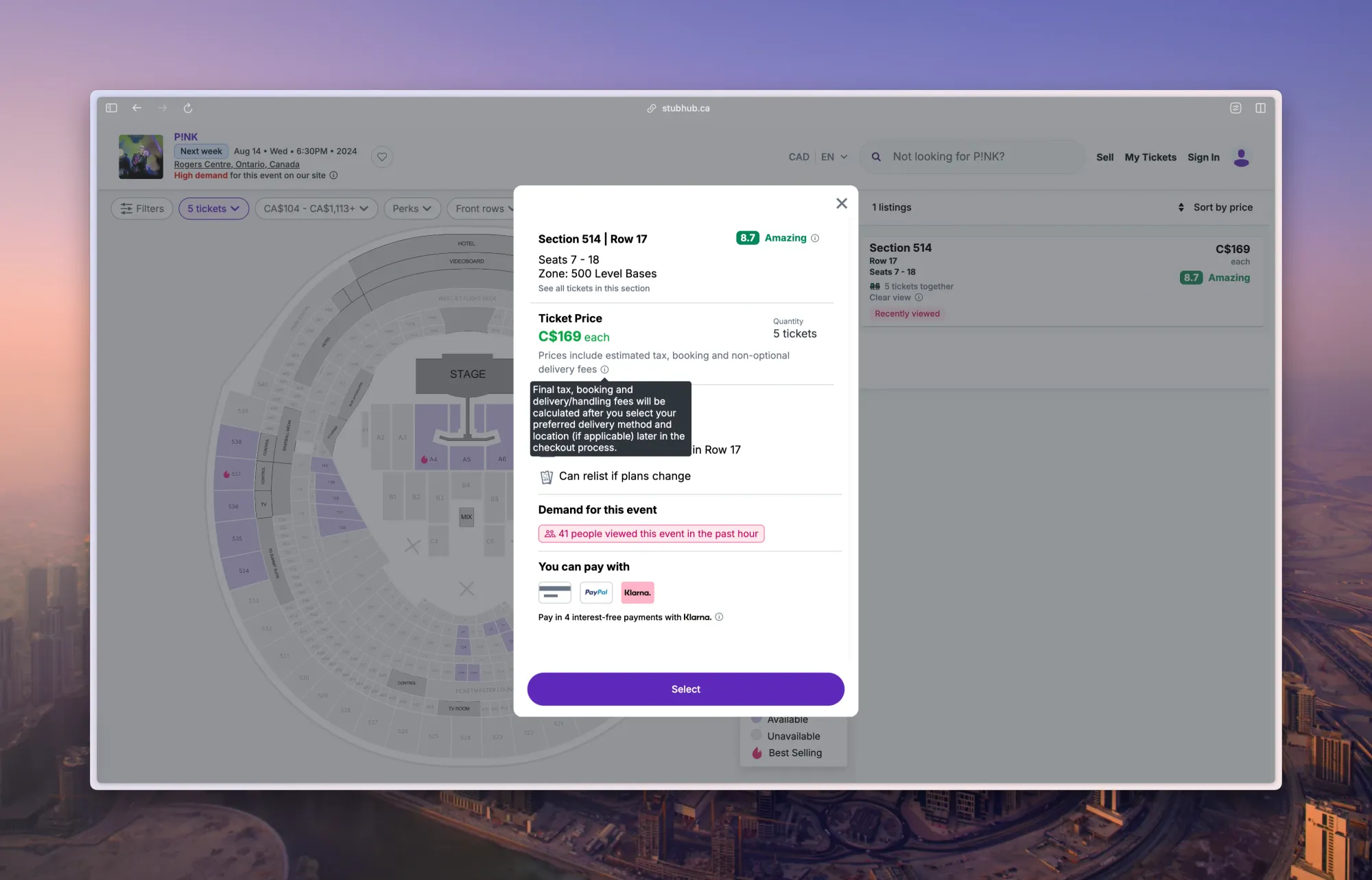 StubHub delivery fees tooltip