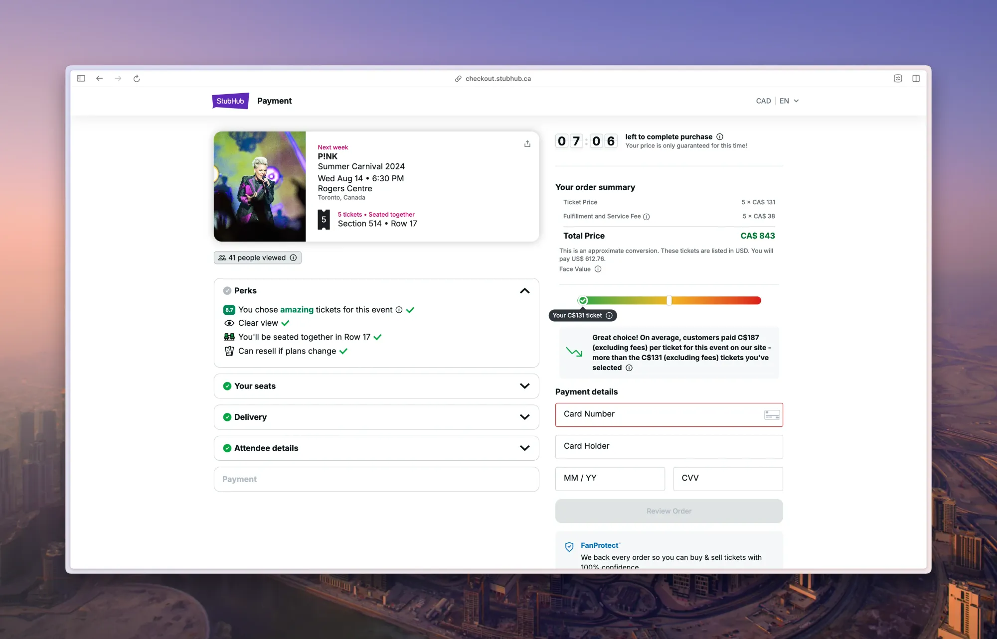 StubHub enter payment details screen