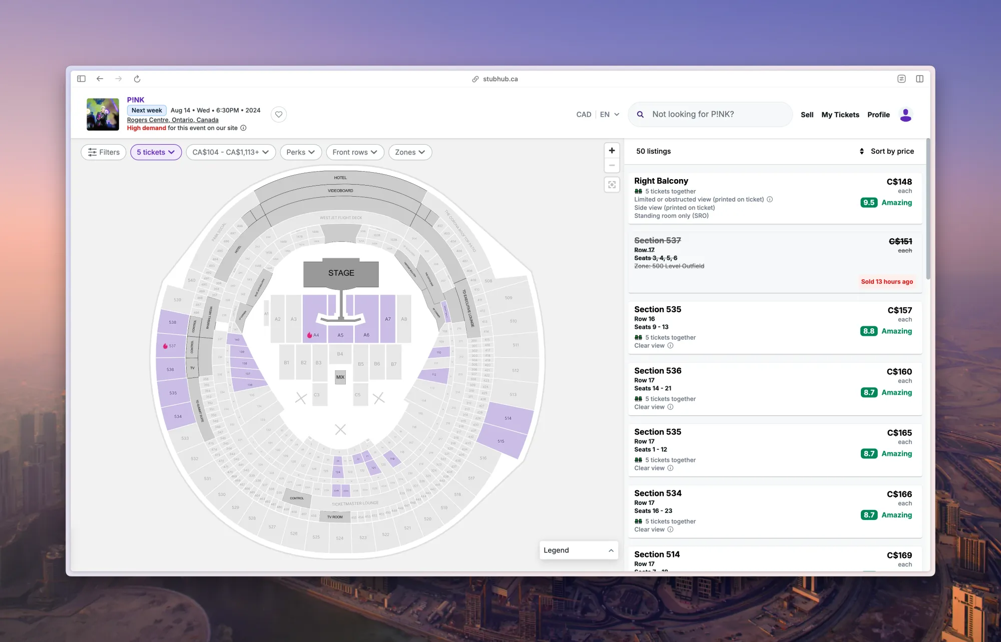 StubHub concert sitting overview