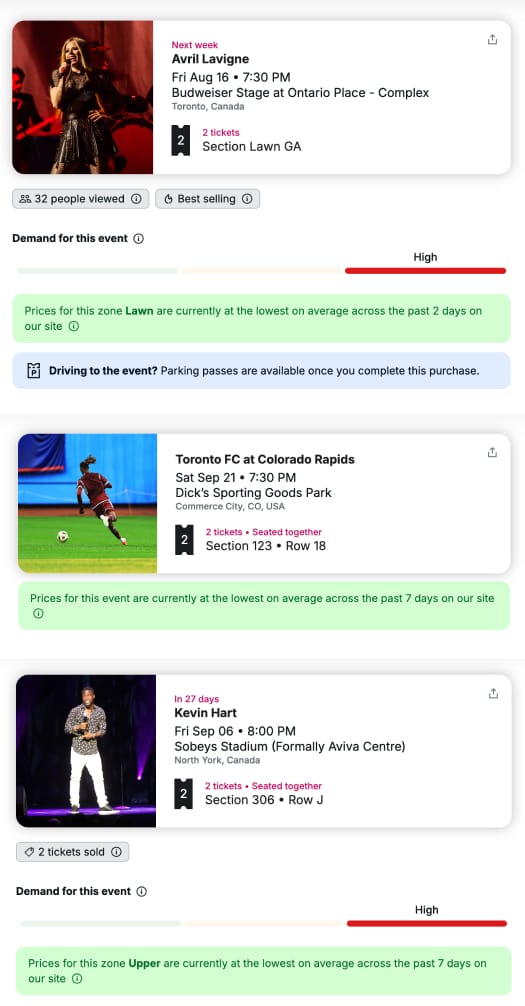 Examples of other events on StubHub