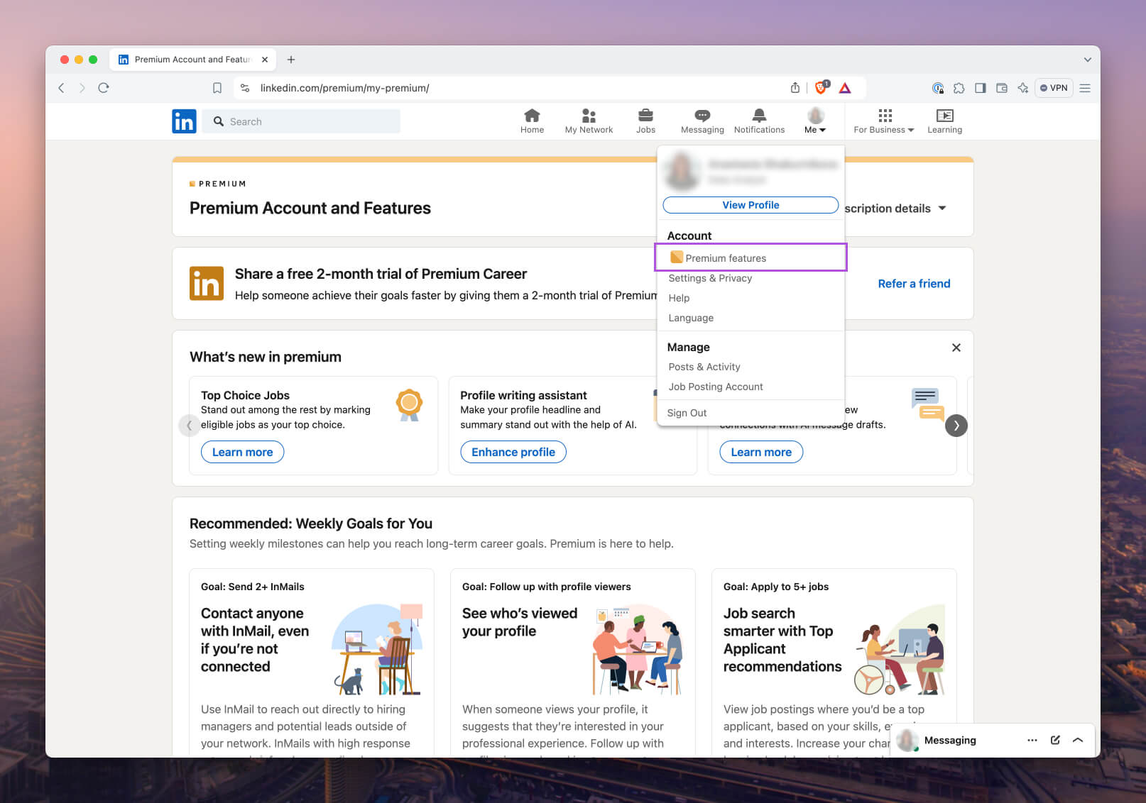 Dropdown menu with “Premium features” selected under the “Account” section on LinkedIn’s navigation bar.