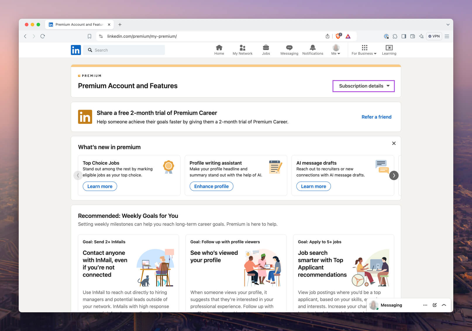 LinkedIn Premium account dashboard displaying options such as “Top Choice Jobs” and a free 2-month Premium trial offer.