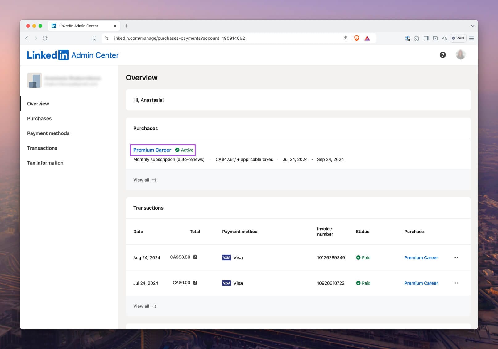 LinkedIn Admin Center displaying Premium subscription overview with purchase details, including transaction history.