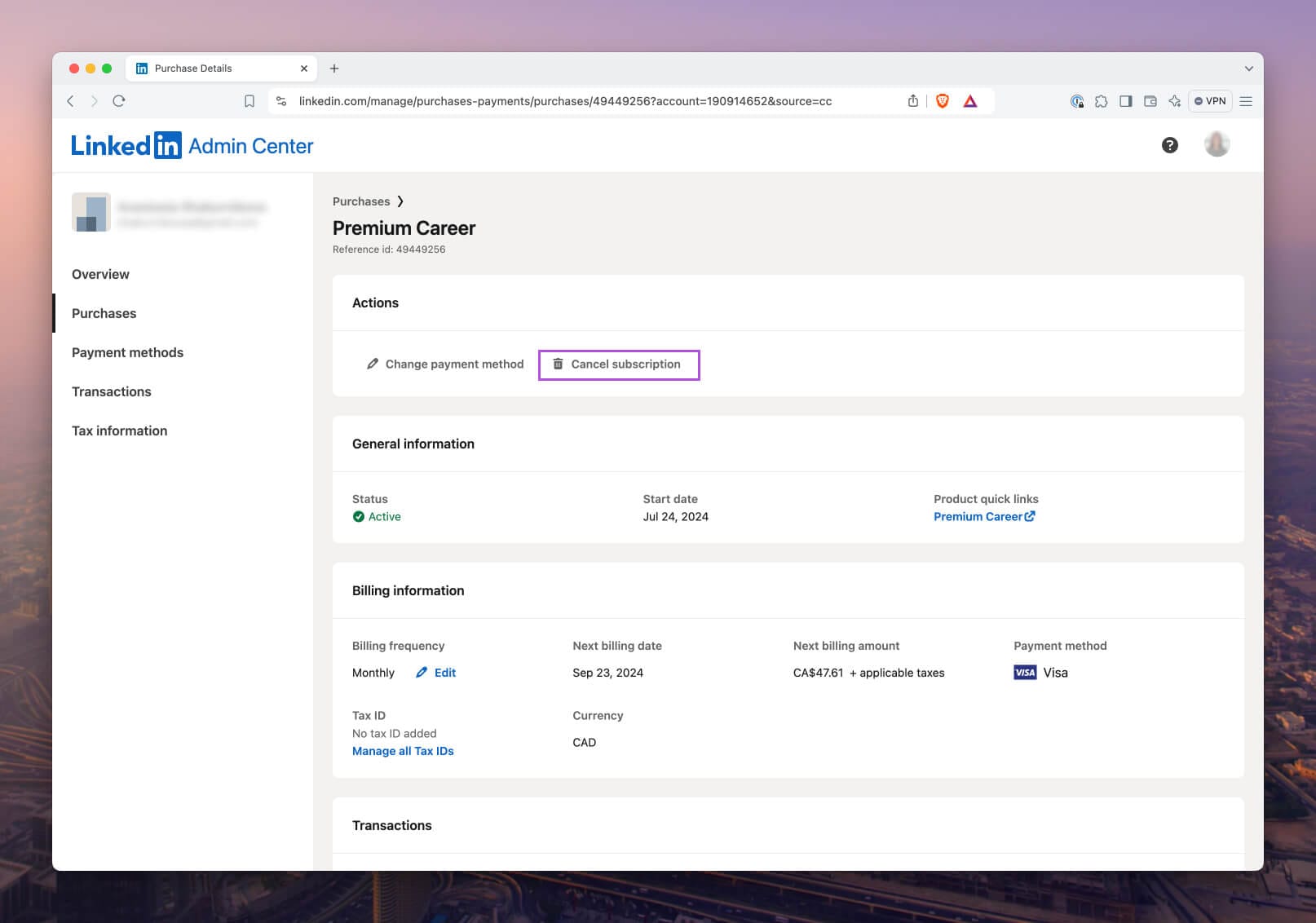 Admin Center page showing the option to cancel the LinkedIn Premium Career subscription.