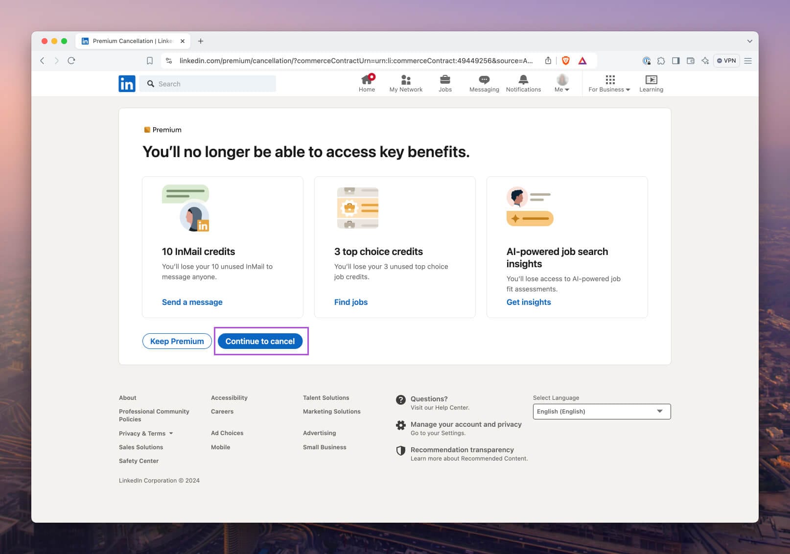 Screen displaying the perks users will lose if they cancel LinkedIn Premium, including InMail credits and job search insights.