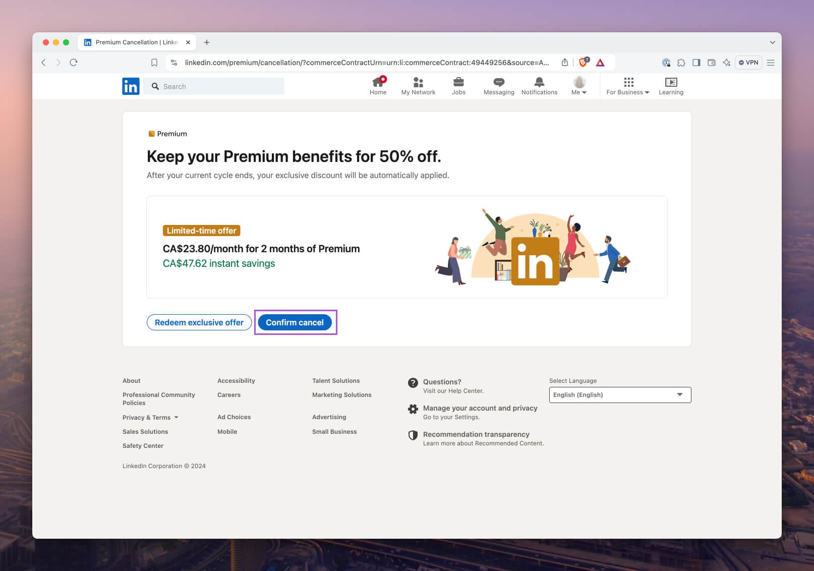 Offer page showing a 50% discount for 2 months of LinkedIn Premium to retain the subscription.