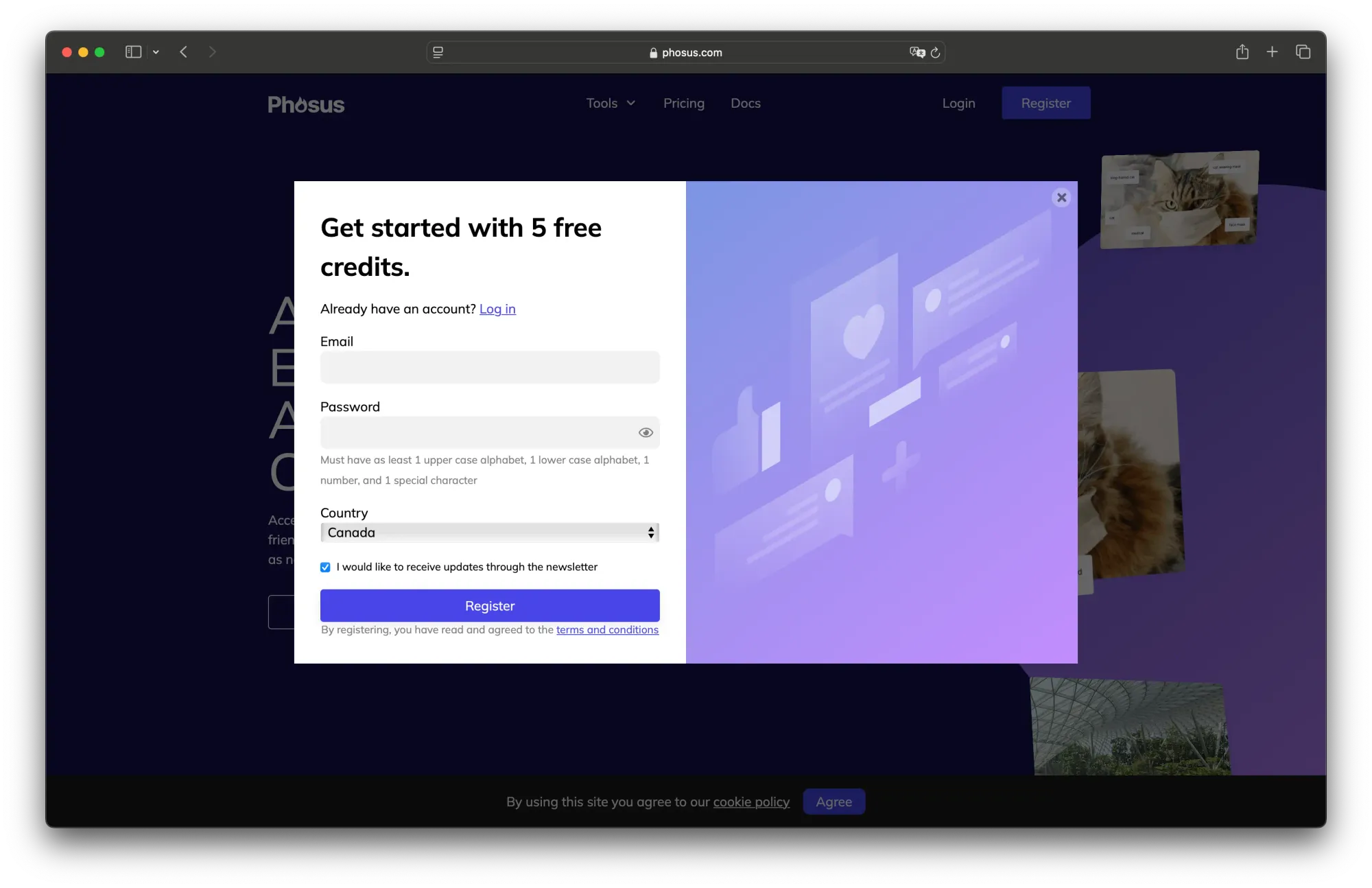 Phosus sign up modal