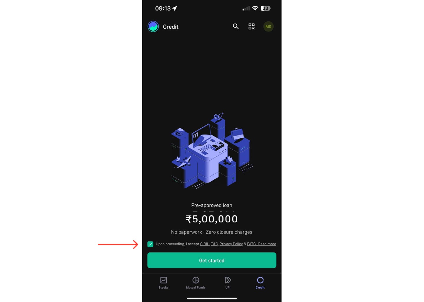 Groww app, credit screen