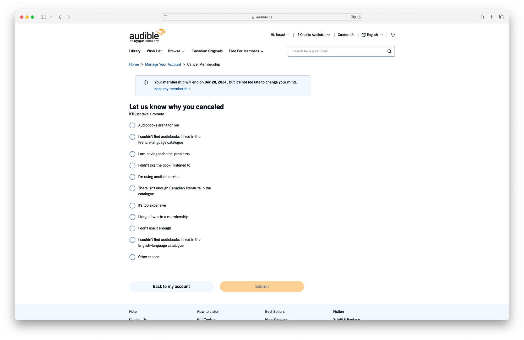Cancel membership, step 3, subscription cancelled, survey