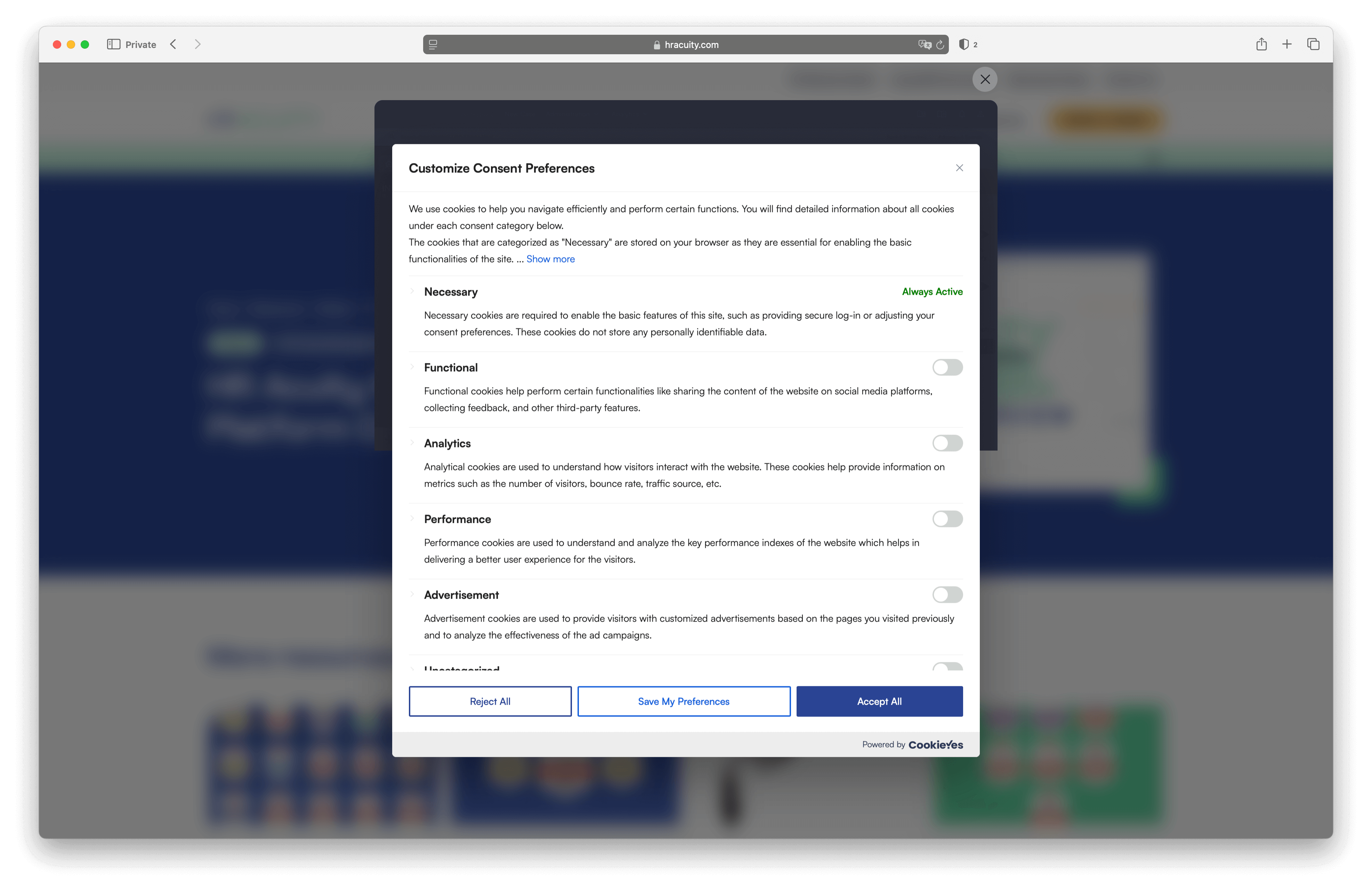 Cookies settings form