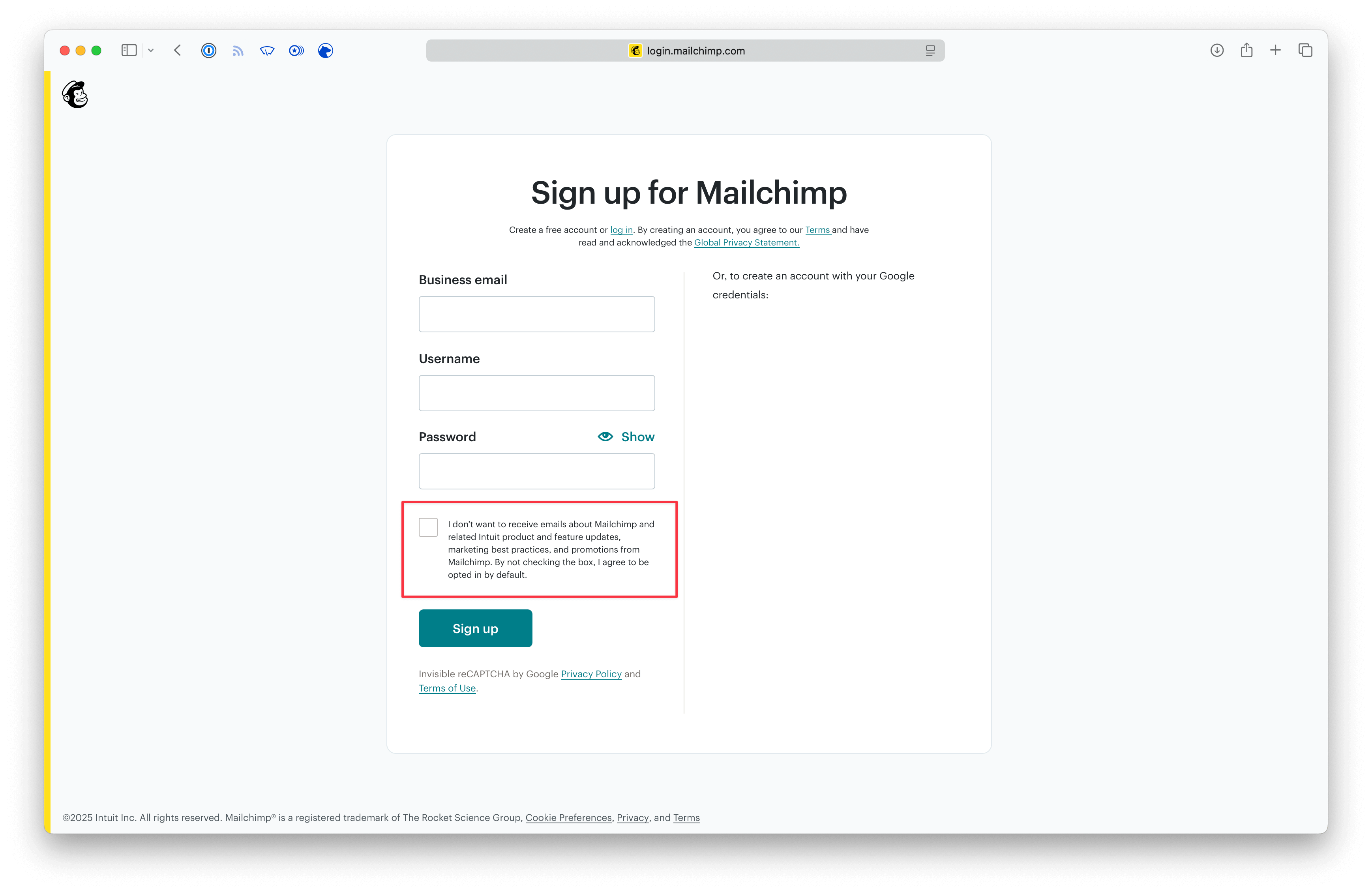 Mailchimp's sign up page