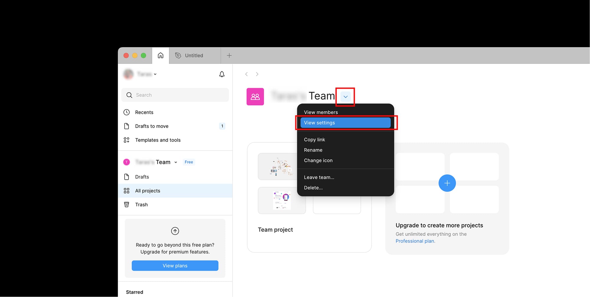 Team dropdown opened