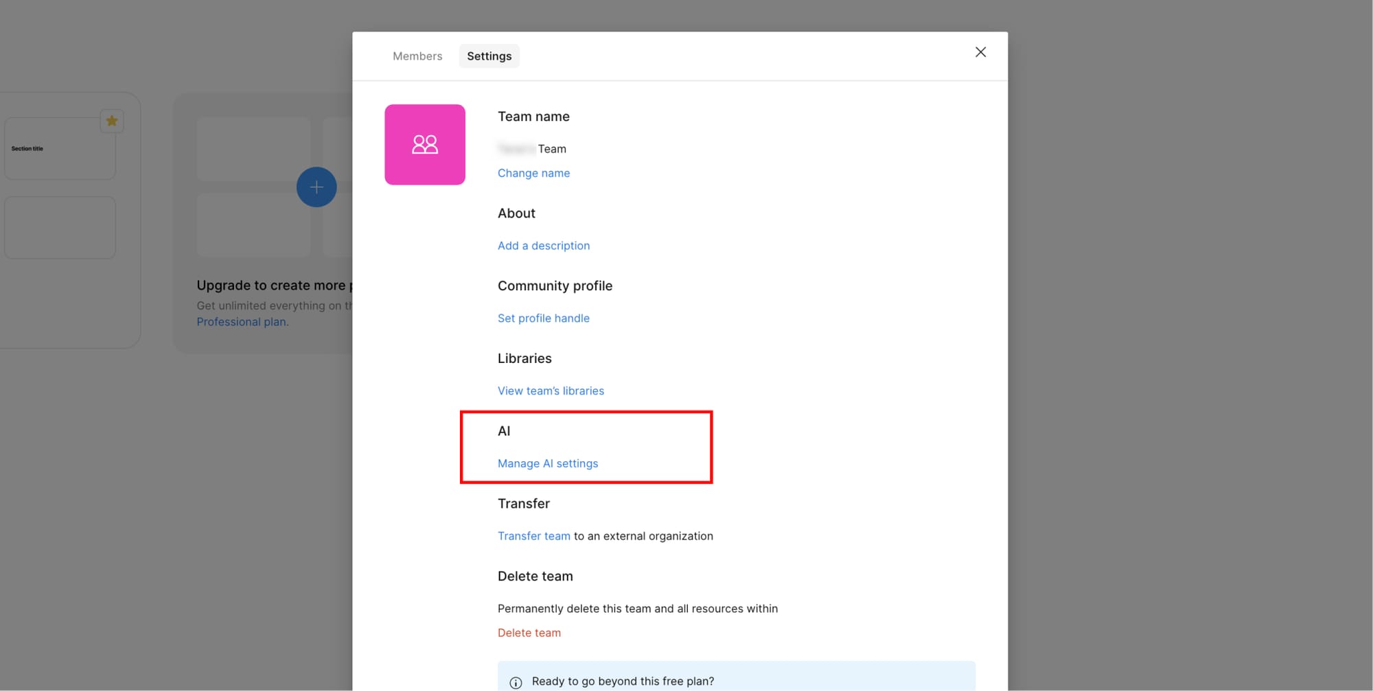 Team settings modal in Figma
