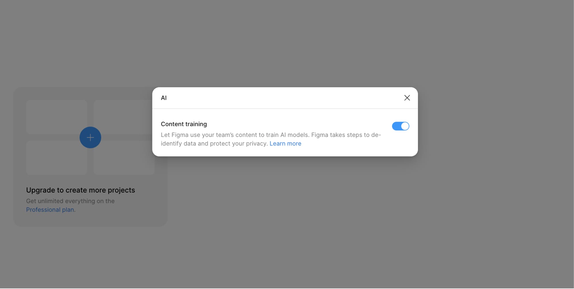 AI content training modal in Figma